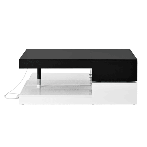 Mesa de centro 90x45x35,5 cm - Iluminação LED, controlo por aplicação e Bluetooth, superfície brilhante - Preto-Branco