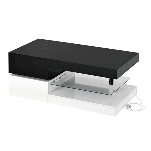 Mesa de centro 90x45x35,5 cm - Iluminação LED, controlo por aplicação e Bluetooth, superfície brilhante - Preto-Branco