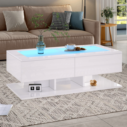 Mesa de centro 100x50x35 cm - Sofá com gavetas, mesa com LED e vidro - Branco Mesa de centro 100x50x35 cm - Sofá com gavetas, mesa com LED e vidro - Branco