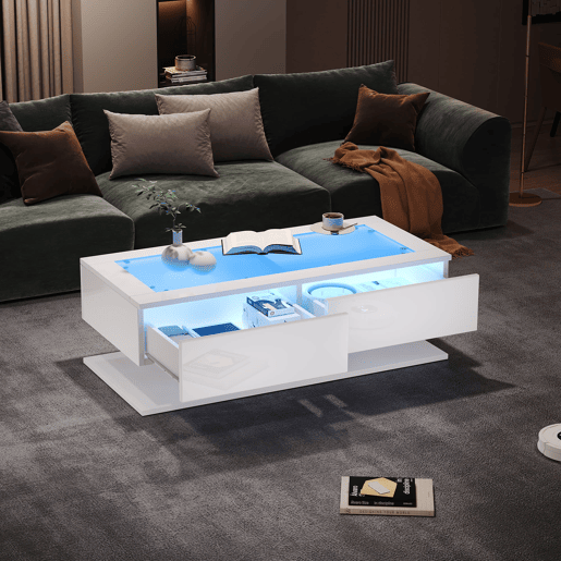Mesa de centro 100x50x35 cm - Sofá com gavetas, mesa com LED e vidro - Branco Mesa de centro 100x50x35 cm - Sofá com gavetas, mesa com LED e vidro - Branco