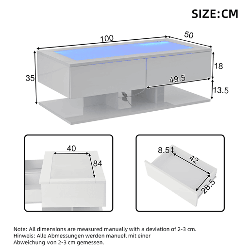 Mesa de centro 100x50x35 cm - Sofá com gavetas, mesa com LED e vidro - Branco Mesa de centro 100x50x35 cm - Sofá com gavetas, mesa com LED e vidro - Branco