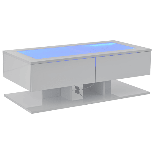 Mesa de centro 100x50x35 cm - Sofá com gavetas, mesa com LED e vidro - Branco Mesa de centro 100x50x35 cm - Sofá com gavetas, mesa com LED e vidro - Branco