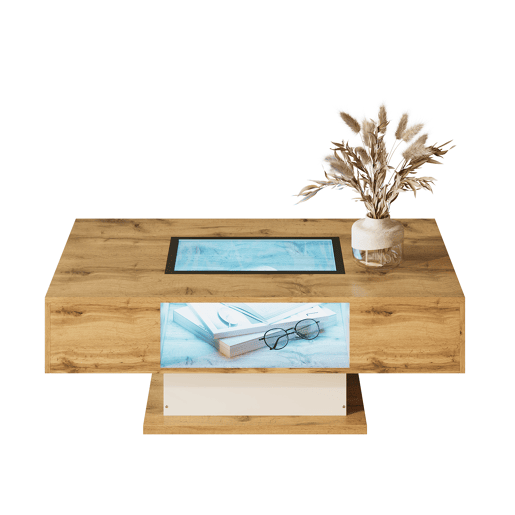 Mesa de centro - com LED que muda de cor, com vidro, mesa auxiliar com duas gavetas - Natural