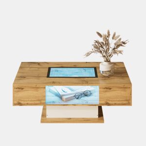 Mesa de centro - com LED que muda de cor, com vidro, mesa auxiliar com duas gavetas - Natural