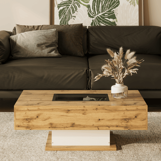 Mesa de centro - com LED que muda de cor, com vidro, mesa auxiliar com duas gavetas - Natural