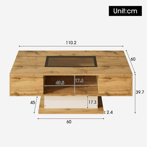 Mesa de centro - com LED que muda de cor, com vidro, mesa auxiliar com duas gavetas - Natural