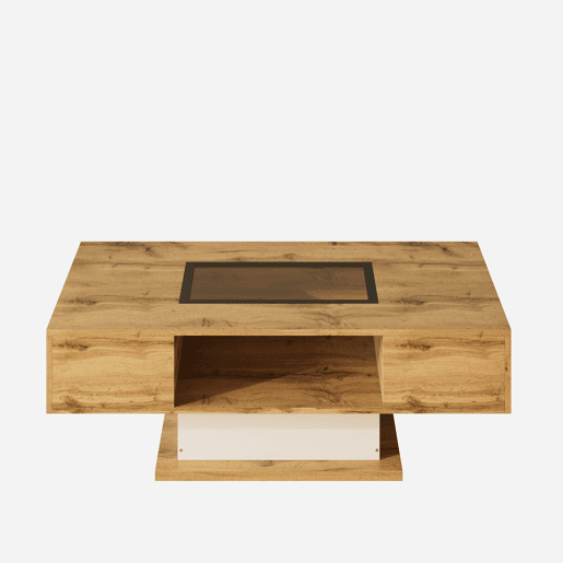 Mesa de centro - com LED que muda de cor, com vidro, mesa auxiliar com duas gavetas - Natural