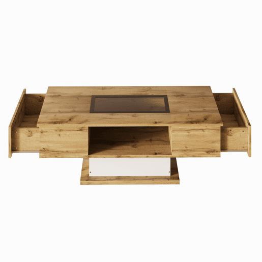 Mesa de centro - com LED que muda de cor, com vidro, mesa auxiliar com duas gavetas - Natural