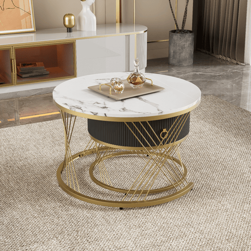 Mesa de centro empilhável 2 peças - Marmoroptik, detalhes dourados, com gavetas