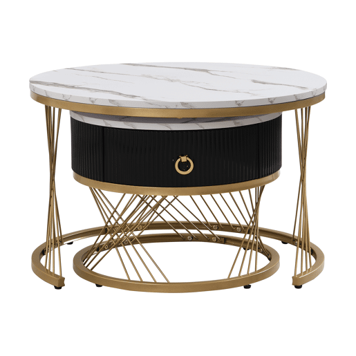 Mesa de centro empilhável 2 peças - Marmoroptik, detalhes dourados, com gavetas