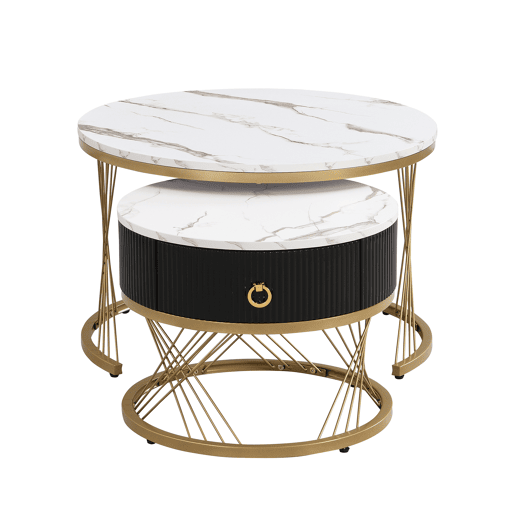 Mesa de centro empilhável 2 peças - Marmoroptik, detalhes dourados, com gavetas