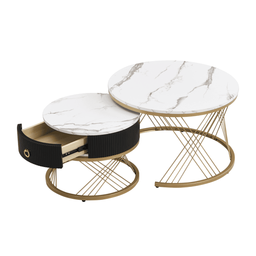 Mesa de centro empilhável 2 peças - Marmoroptik, detalhes dourados, com gavetas
