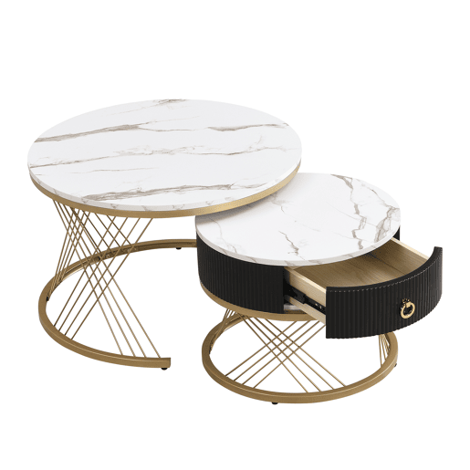 Mesa de centro empilhável 2 peças - Marmoroptik, detalhes dourados, com gavetas