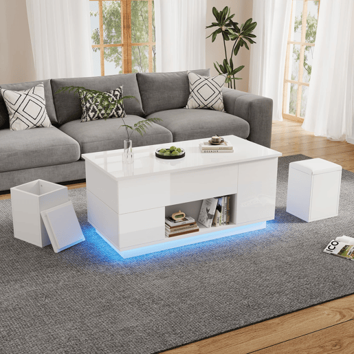 Mesa de centro 100x50x45 cm - Sofá com 2 bancos, 2 gavetas, LED, altura ajustável - Branco