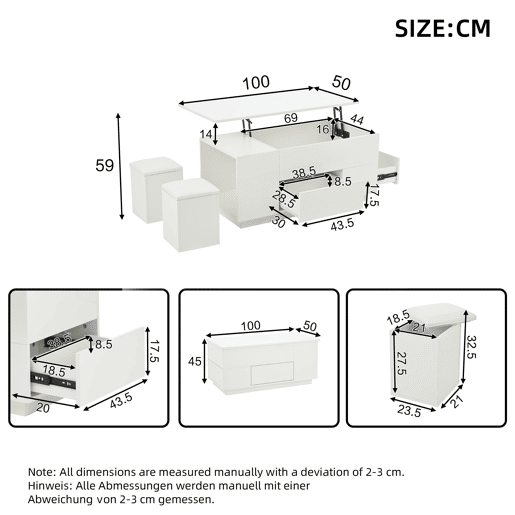 Mesa de centro 100x50x45 cm - Sofá com 2 bancos, 2 gavetas, LED, altura ajustável - Branco