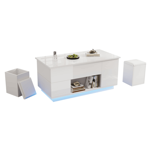 Mesa de centro 100x50x45 cm - Sofá com 2 bancos, 2 gavetas, LED, altura ajustável - Branco