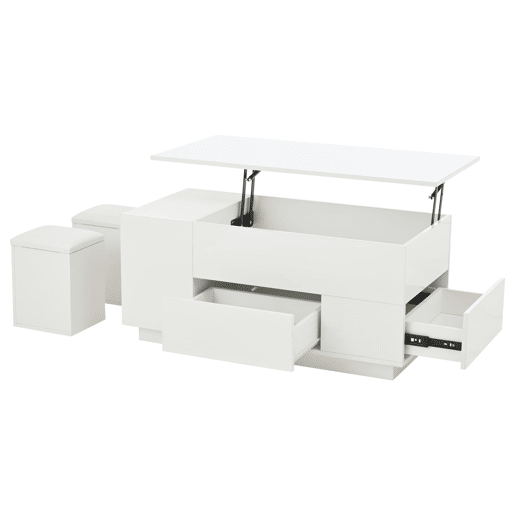 Mesa de centro 100x50x45 cm - Sofá com 2 bancos, 2 gavetas, LED, altura ajustável - Branco