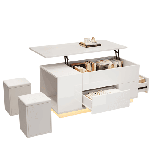 Mesa de centro 100x50x45 cm - Sofá com 2 bancos, 2 gavetas, LED, altura ajustável - Branco