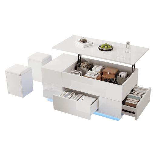Mesa de centro 100x50x45 cm - Sofá com 2 bancos, 2 gavetas, LED, altura ajustável - Branco