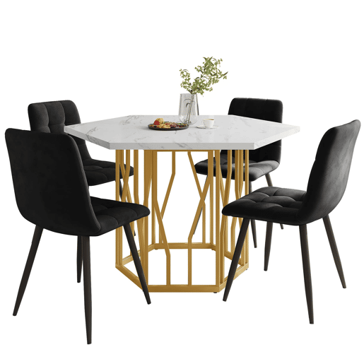 Conjunto de mesa e cadeiras 5 peças - Mesa hexagonal de mármore + 4 cadeiras de veludo preto - Dourado