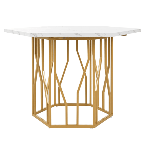 Conjunto de mesa e cadeiras 5 peças - Mesa hexagonal de mármore + 4 cadeiras de veludo preto - Dourado
