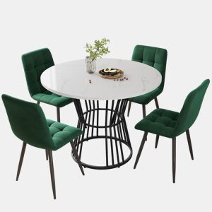 Conjunto de sala de jantar de 5 peças - Mesa redonda de 100 cm - 4 cadeiras de veludo verde
