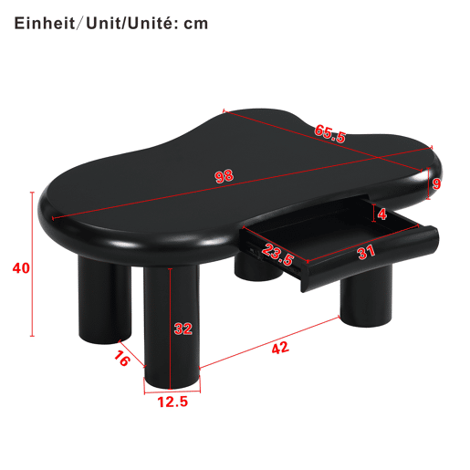 Mesa de centro - Formato nuvem - Com iluminação LED de 16 cores - Com gaveta - Preta