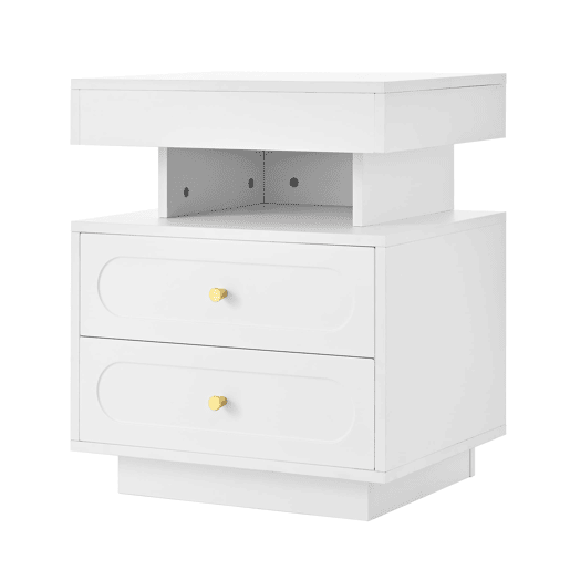 Mesa de cabeceira 50x40x60 cm - 2 gavetas, 1 espaço aberto, LED - Branco