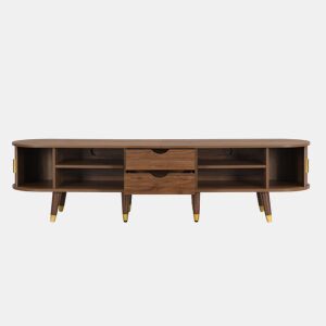 Móvel de TV 175 cm - Porta deslizante em rattan, design em imitação de nogueira, com arrumação - Nogueira