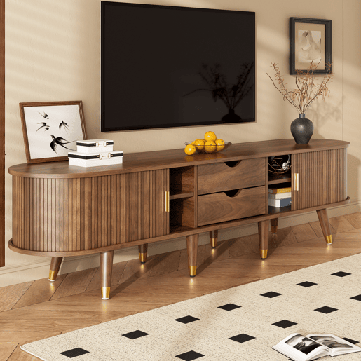 Móvel de TV 175 cm - Porta deslizante em rattan, design em imitação de nogueira, com arrumação - Nogueira