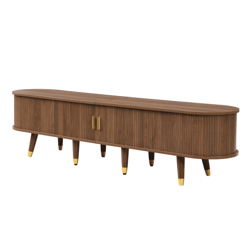 Móvel de TV 175 cm - Porta deslizante em rattan, design em imitação de nogueira, com arrumação - Nogueira