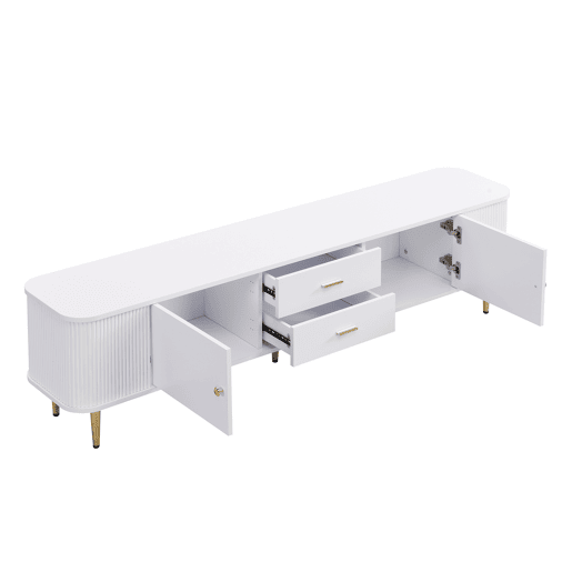 Móvel de TV 160 cm - Com gavetas, cantos arredondados, design ondulado nas laterais, puxadores e pés dourados - Branco