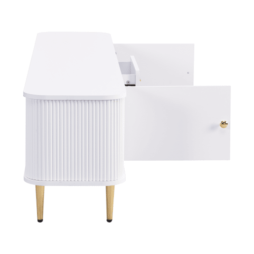 Móvel de TV 160 cm - Com gavetas, cantos arredondados, design ondulado nas laterais, puxadores e pés dourados - Branco
