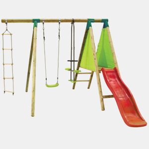 Conjunto de brinquedos em madeira Kida - Com 1 escorrega - 1 baloiço - 1 baloiço frente a frente - 1 berço.