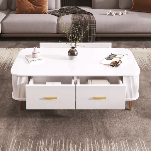 Mesa de centro com gavetas - cantos arredondados, laterais onduladas, puxadores e pés dourados - Branco
