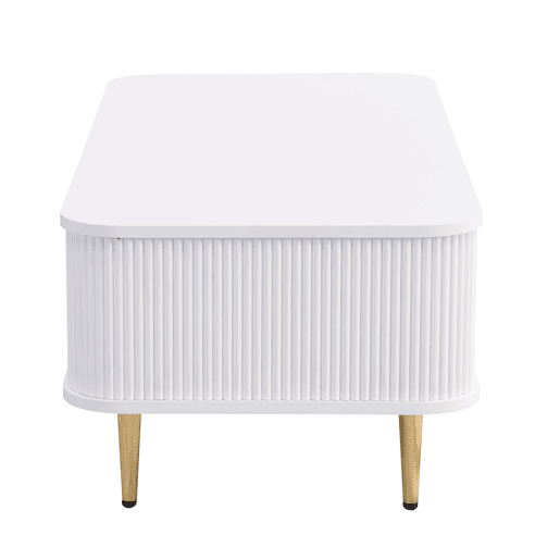 Mesa de centro com gavetas - cantos arredondados, laterais onduladas, puxadores e pés dourados - Branco