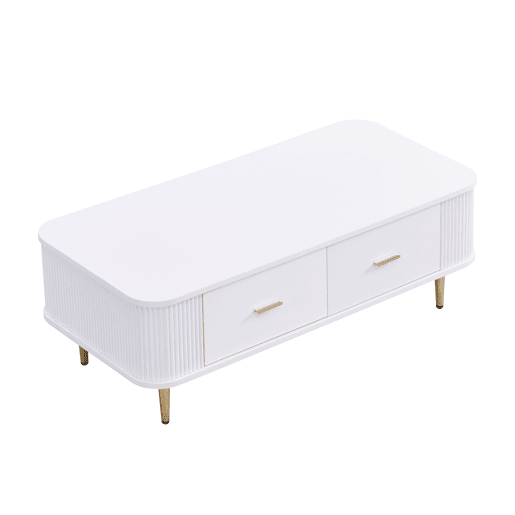 Mesa de centro com gavetas - cantos arredondados, laterais onduladas, puxadores e pés dourados - Branco