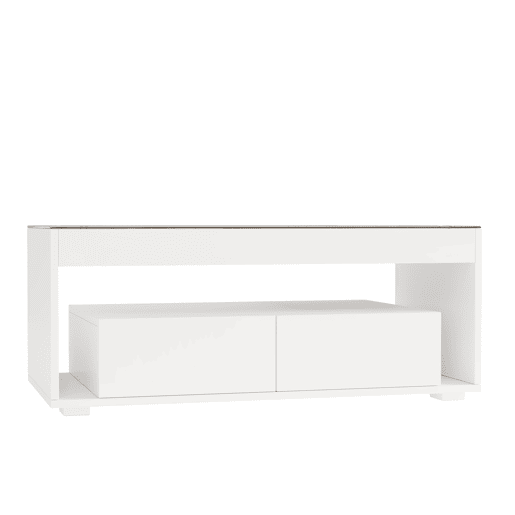 Mesa de centro 100x50x40 cm u2013 LED, 2 gavetas, design de dupla camada, vidro, alto brilho u2013 Branco