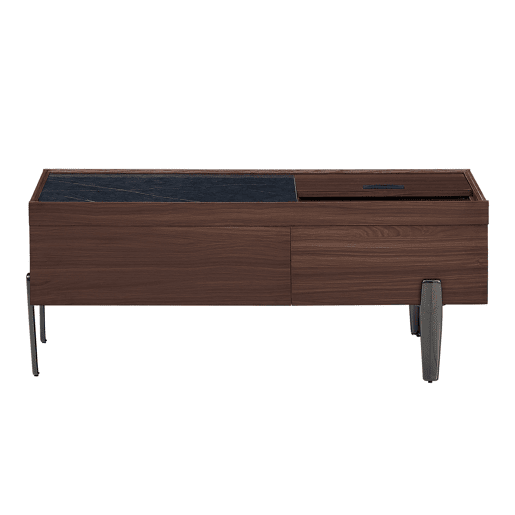 Mesa de centro moderna com gavetas e tampo de vidro - Design em madeira em tom castanho escuro com veios estilo mármore, pernas metálicas, grande capacidade de arrumação
