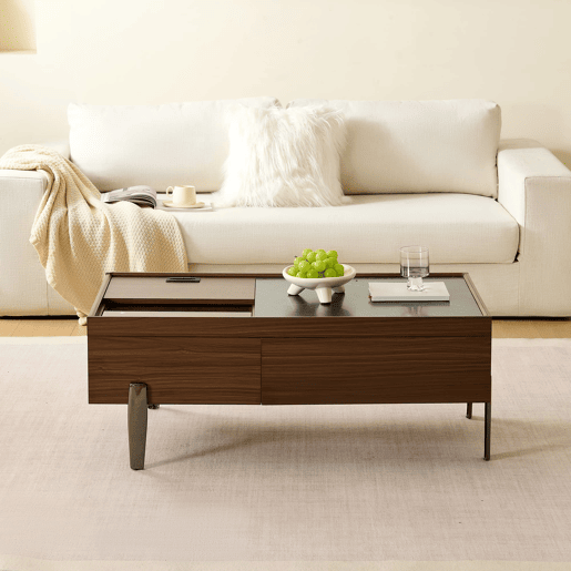 Mesa de centro moderna com gavetas e tampo de vidro - Design em madeira em tom castanho escuro com veios estilo mármore, pernas metálicas, grande capacidade de arrumação