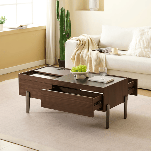 Mesa de centro moderna com gavetas e tampo de vidro - Design em madeira em tom castanho escuro com veios estilo mármore, pernas metálicas, grande capacidade de arrumação