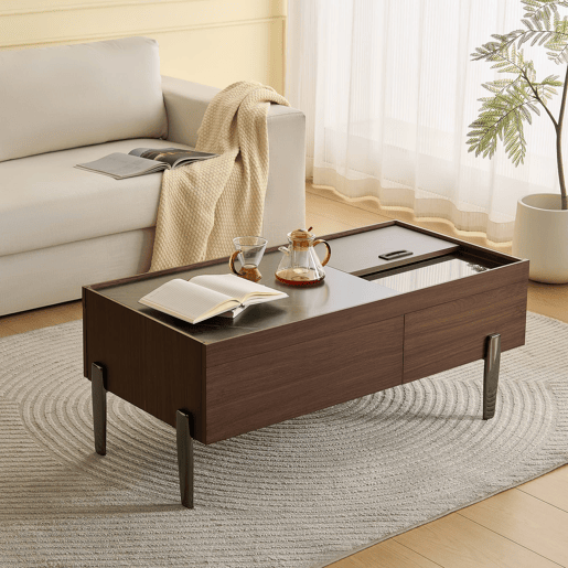 Mesa de centro moderna com gavetas e tampo de vidro - Design em madeira em tom castanho escuro com veios estilo mármore, pernas metálicas, grande capacidade de arrumação