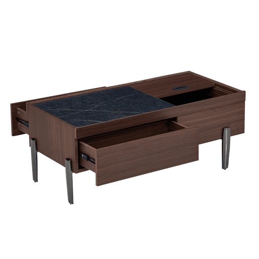 Mesa de centro moderna com gavetas e tampo de vidro - Design em madeira em tom castanho escuro com veios estilo mármore, pernas metálicas, grande capacidade de arrumação