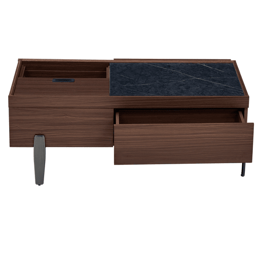 Mesa de centro moderna com gavetas e tampo de vidro - Design em madeira em tom castanho escuro com veios estilo mármore, pernas metálicas, grande capacidade de arrumação