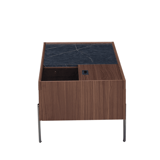 Mesa de centro moderna com gavetas e tampo de vidro - Design em madeira em tom castanho escuro com veios estilo mármore, pernas metálicas, grande capacidade de arrumação