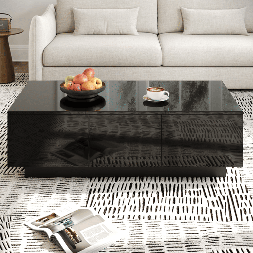 Mesa de centro 100x50 cm - moderna com gavetas e compartimento deslizante - preto brilhante Mesa de centro 100x50 cm - moderna com gavetas e compartimento deslizante - preto brilhante