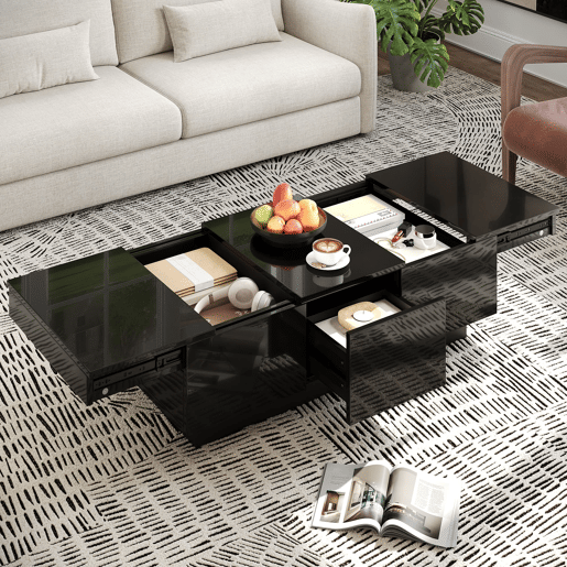 Mesa de centro 100x50 cm - moderna com gavetas e compartimento deslizante - preto brilhante Mesa de centro 100x50 cm - moderna com gavetas e compartimento deslizante - preto brilhante