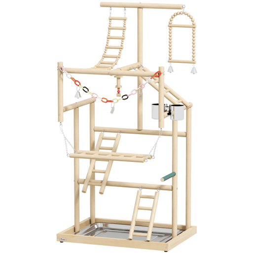 PawHut Parque de Jogos para Pássaros Suporte de Madeira para Pássaros com Escadas Baloiço Brinquedo de Corrente Bandeja Comedouros para Periquitos Cacatuas Caturras Agapornis 48x38x95 cm Madeira