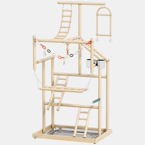 PawHut Parque de Jogos para Pássaros Suporte de Madeira para Pássaros com Escadas Baloiço Brinquedo de Corrente Bandeja Comedouros para Periquitos Cacatuas Caturras Agapornis 48x38x95 cm Madeira