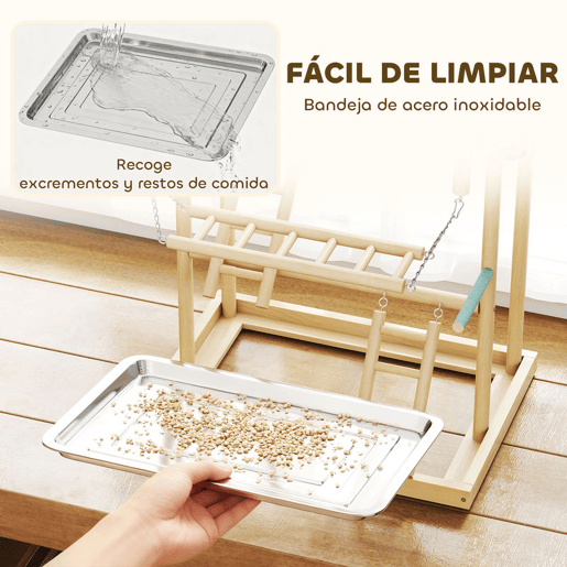 PawHut Parque de Jogos para Pássaros Suporte de Madeira para Pássaros com Escadas Baloiço Brinquedo de Corrente Bandeja Comedouros para Periquitos Cacatuas Caturras Agapornis 48x38x95 cm Madeira